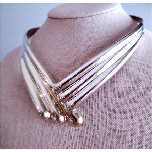 Taxco Mexico Sterling Silver Torc Necklace V Shaped Choker Collar 15-inch 76g - Picture 2 of 15